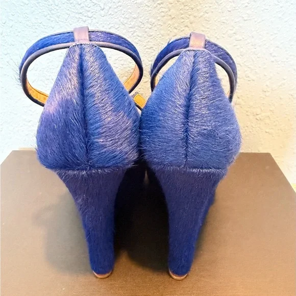 Ann Taylor Platform Wedge Heels Blue Haircalf Leather Ankle Strap Buckle 7M - Picture 6 of 10